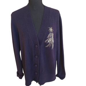 Talbots Womens Navy Blue Crystal Star V Neck Button Front Cardigan Sweater Large